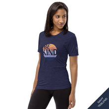 Load image into Gallery viewer, FRONT VIEW - Be Kind t-shirt on Navy Triblend fabric adorned with a distressed color band circle and the Bible verse Ephesians 4:32 NIV.
