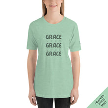 Load image into Gallery viewer, FRONT VIEW - Grace Upon Grace t-shirt In heather prism mint adorned with typography and inspired by the Bible verse John 1:16 ESV.
