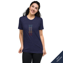 Load image into Gallery viewer, FRONT VIEW - Redeemed t-shirt available in navy triblend adorned with typography and inspired by the Bible verse Isaiah 44:22 NIV.
