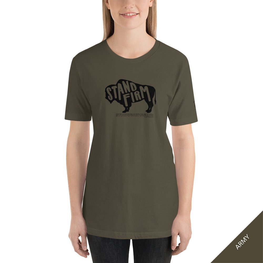 FRONT VIEW - Stand Firm t-shirt in army adorned with a bison icon and the Bible verse 1 Corinthians 15:58 NIV.