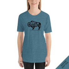 Load image into Gallery viewer, FRONT VIEW - Stand Firm t-shirt in heather deep teal adorned with a bison icon and the Bible verse 1 Corinthians 15:58 NIV.
