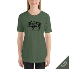 Load image into Gallery viewer, FRONT VIEW - Stand Firm t-shirt in heather forest adorned with a bison icon and the Bible verse 1 Corinthians 15:58 NIV.
