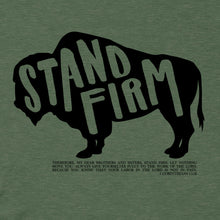 Load image into Gallery viewer, ART VIEW - Stand Firm t-shirt available in multiple colors adorned with a bison icon and the Bible verse 1 Corinthians 15:58 NIV.
